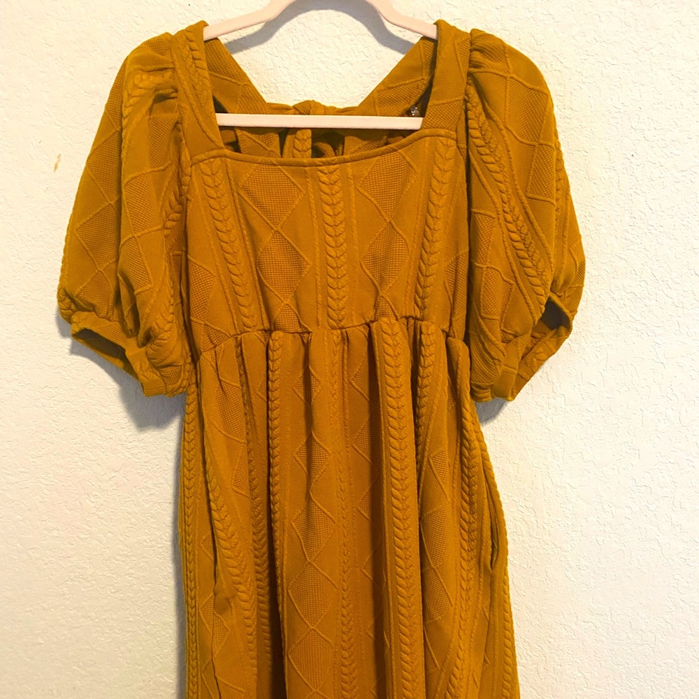 Listicle, mustard puff sleeve, tie back sweater dress